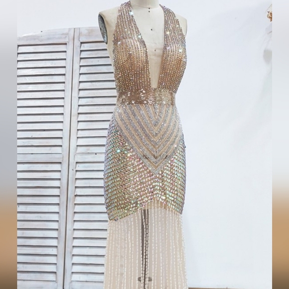 Beaded Halter Neckline Mermaid Dress - Stunning Tulle Evening Prom Dress - Picture 5 of 11